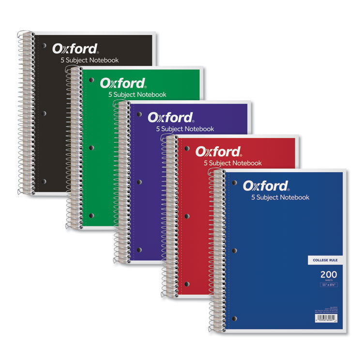 Oxford - Coil-Lock Wirebound Notebook, 3-Hole Punched, 5-Subject, Medium/College Rule, Randomly Assorted Covers, (200) 11 x 8.5 Sheets