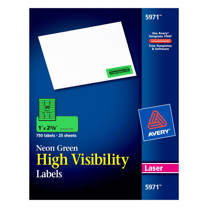 AVERY - High-Visibility Labels, Permanent Adhesive, Neon Green, 1" x 2-5/8", 750 Labels