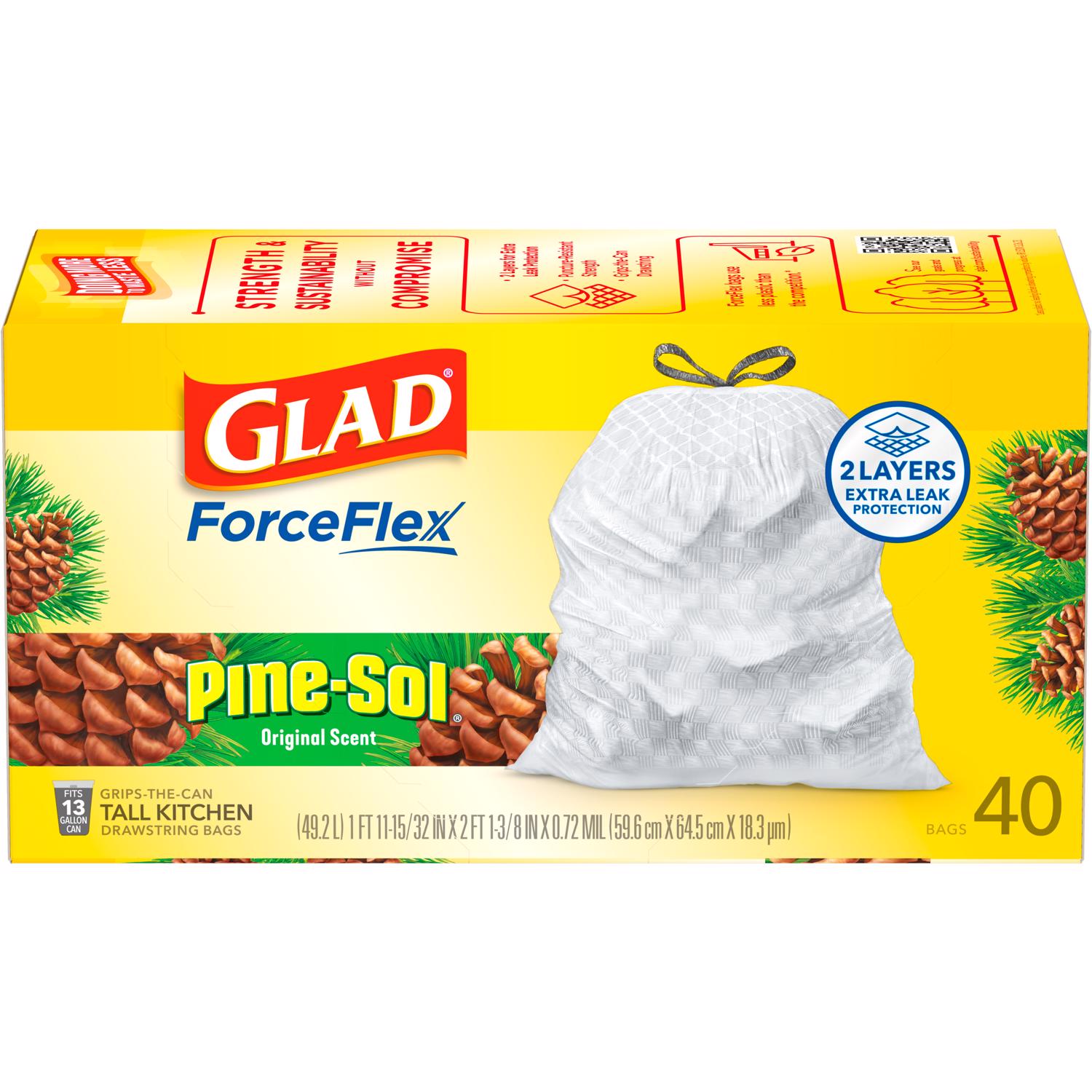 Glad ForceFlex 13 gal Pine Kitchen Trash Bags Drawstring 40 pk - Case of 6