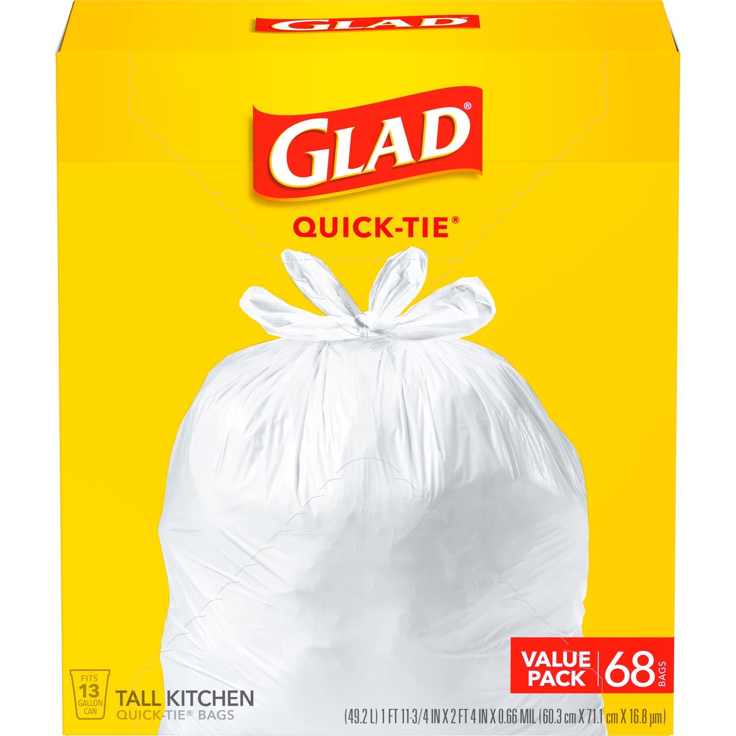 Glad 13 gal Original Kitchen Trash Bags Quick Tie 68 pk - Case of 4