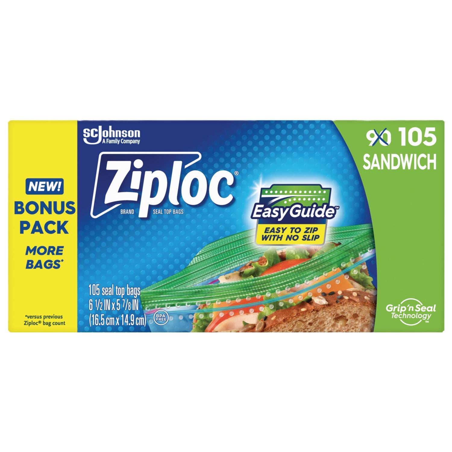 Ziploc Grip 'n Seal Technology Clear Sandwich Bag 105 pk - Case of 12