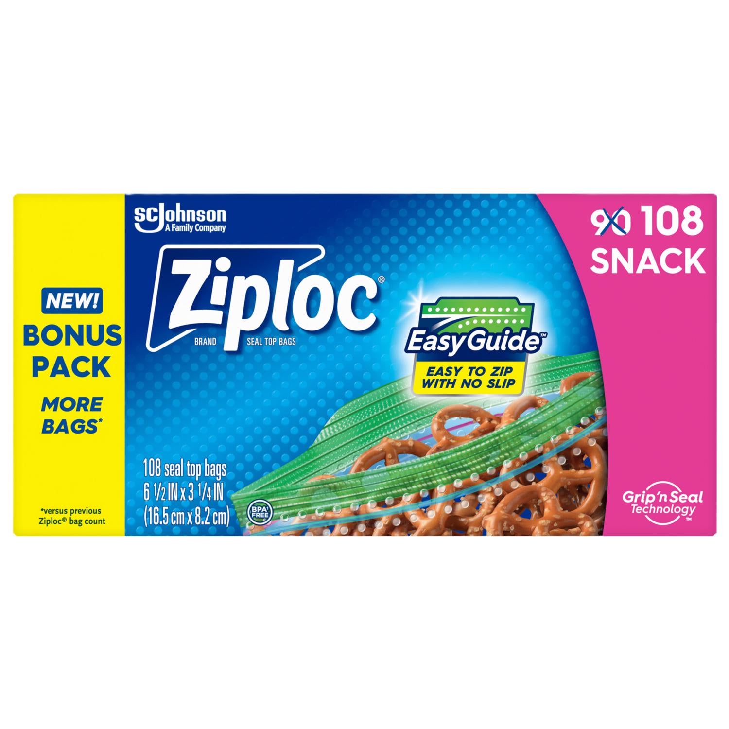 Ziploc Grip 'n Seal Technology Clear Snack Bag 108 pk - Case of 12