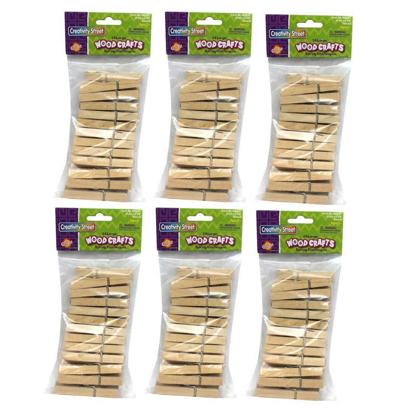 CREATIVITY STREET - Spring Clothespins, Natural, Large, 2.75", 24 Per Pack, 6 Packs