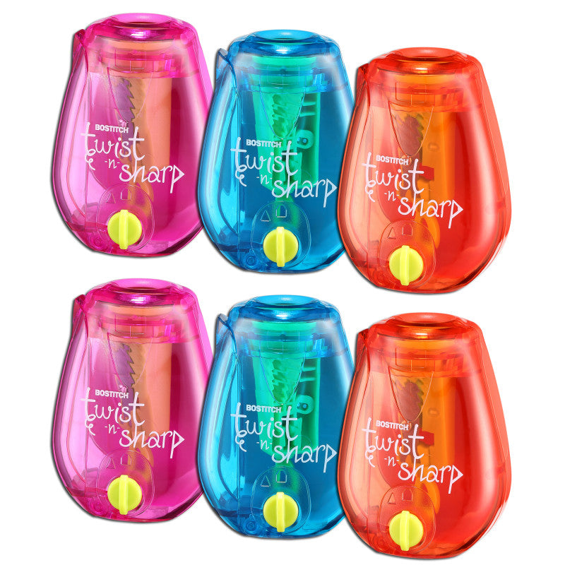 BOSTITCH - Twist-n-Sharp™ Kids Pencil Sharpener, Assorted Colors, Pack of 6