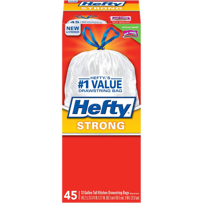 HEFTY - Hefty Strong 13 gal Kitchen Trash Bags Drawstring 45 pk 0.9 mil - Case of 6