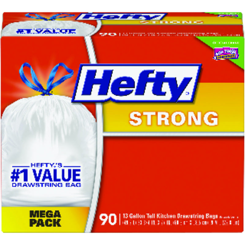 HEFTY - Hefty Strong 13 gal Kitchen Trash Bags Drawstring 90 pk 0.9 mil - Case of 3