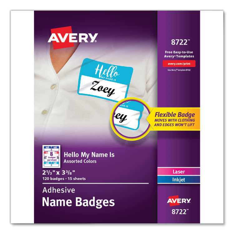 Avery - Flexible Adhesive Name Badge Labels, "Hello", 3 3/8 x 2 1/3, Assorted, 120/PK