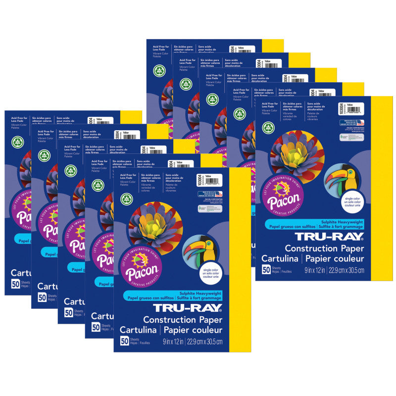 TRU-RAY - Construction Paper, Yellow, 9" x 12", 50 Sheets Per Pack, 10 Packs (PAC103004-10)