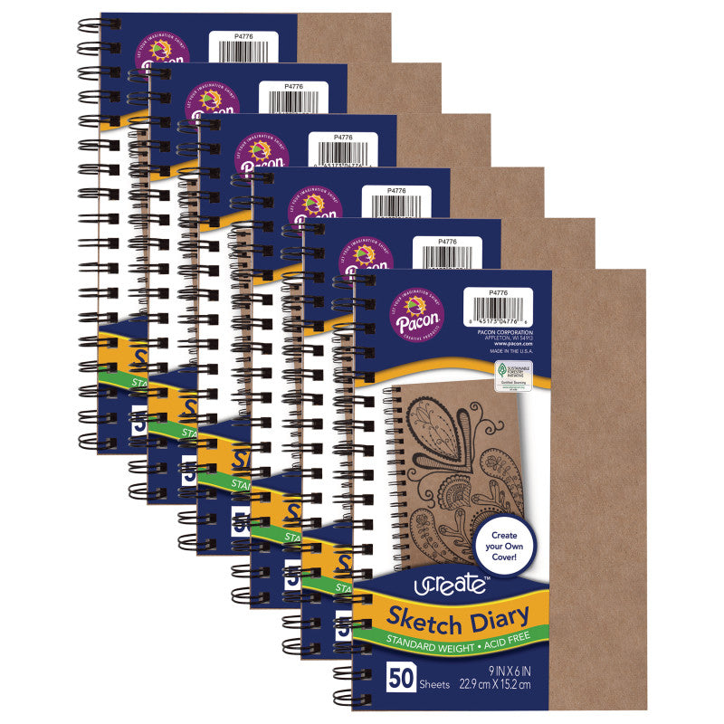 UCREATE - Create Your Own Cover Sketch Diary, Natural Chip Cover, 9" x 6", 50 Sheets, Pack of 6