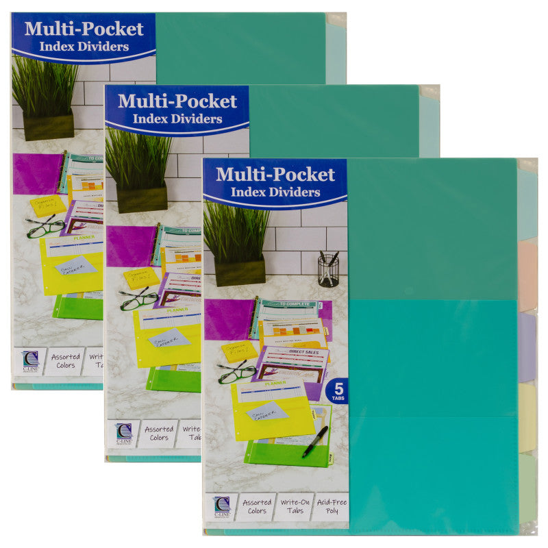 C-LINE - 5-Tab Index Dividers with Multi-Pockets, Bright Color Assortment, 8-1/2 x 11, 3 Sets