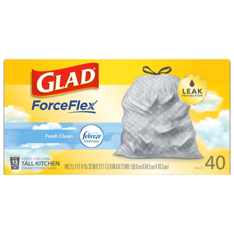 GLAD - Glad ForceFlex 13 gal Fresh Scent Tall Kitchen Bags Drawstring 40 pk 0.72 mil - Case of 6