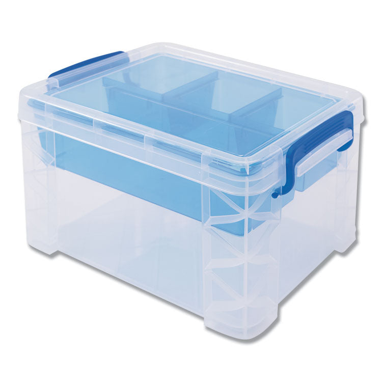 Advantus - Super Stacker Divided Storage Box, 5 Sections, 7.5" x 10.13" x 6.5", Clear/Blue