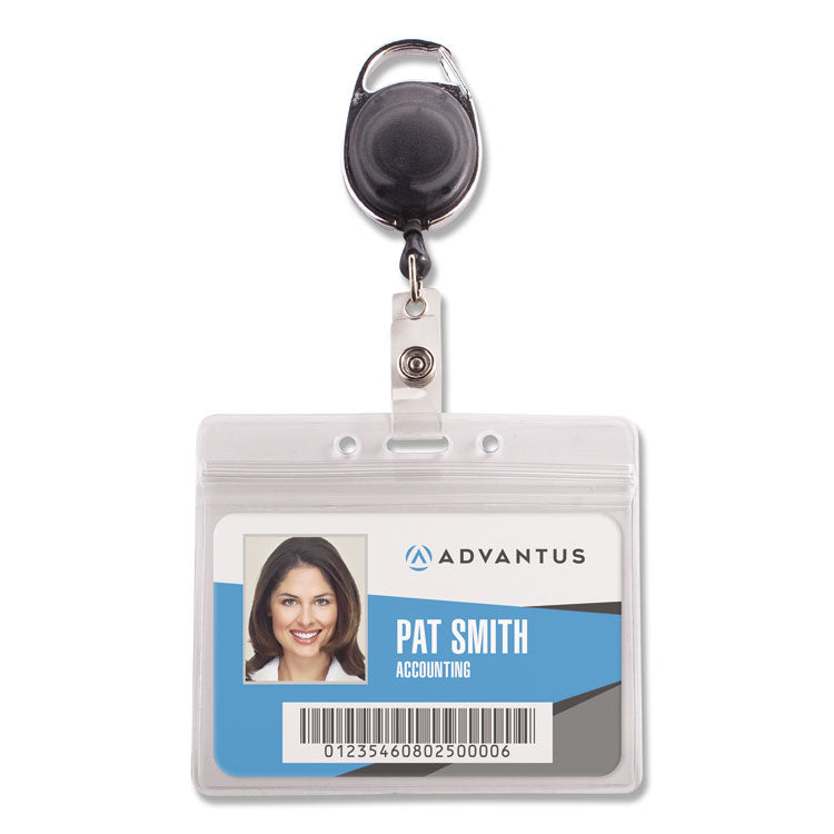 Advantus - Resealable ID Badge Holders with 30" Cord Reel, Horizontal, Frosted 4.13" x 3.75" Holder, 3.75" x 2.63" Insert, 10/Pack