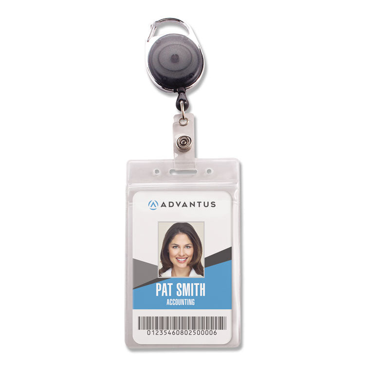 Advantus - Resealable ID Badge Holders with 30" Cord Reel, Vertical, Frosted 3.68" x 5" Holder, 2.5" x 4" Insert, 10/Pack