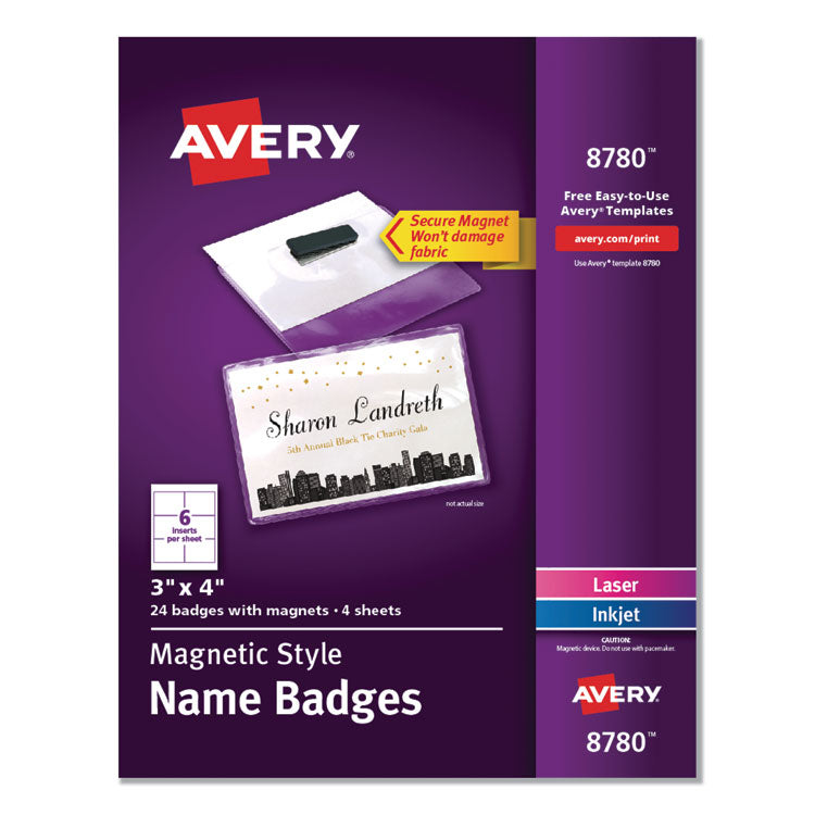 Avery - Magnetic Style Name Badge Kit, Horizontal, 4 x 3, White, 24/Pack