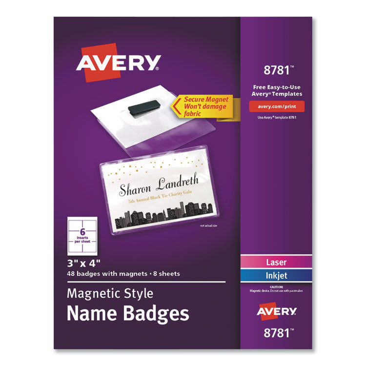 Avery - Magnetic Style Name Badge Kit, Horizontal, 4" x 3", White, 48/Pack