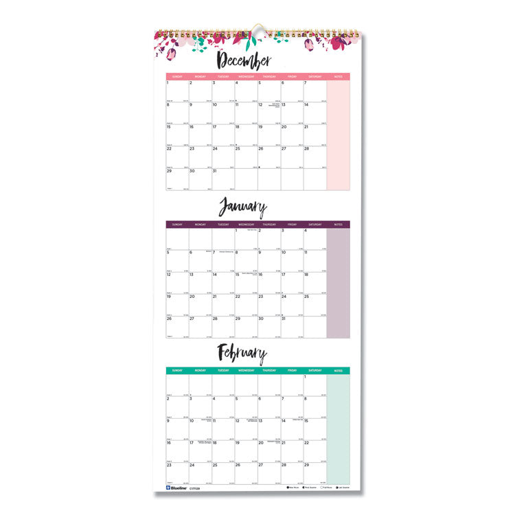 Blueline - 3-Month Wall Calendar, Colorful Leaves Artwork, 12.25 x 27, White/Multicolor Sheets, 14-Month (Dec to Jan): 2024