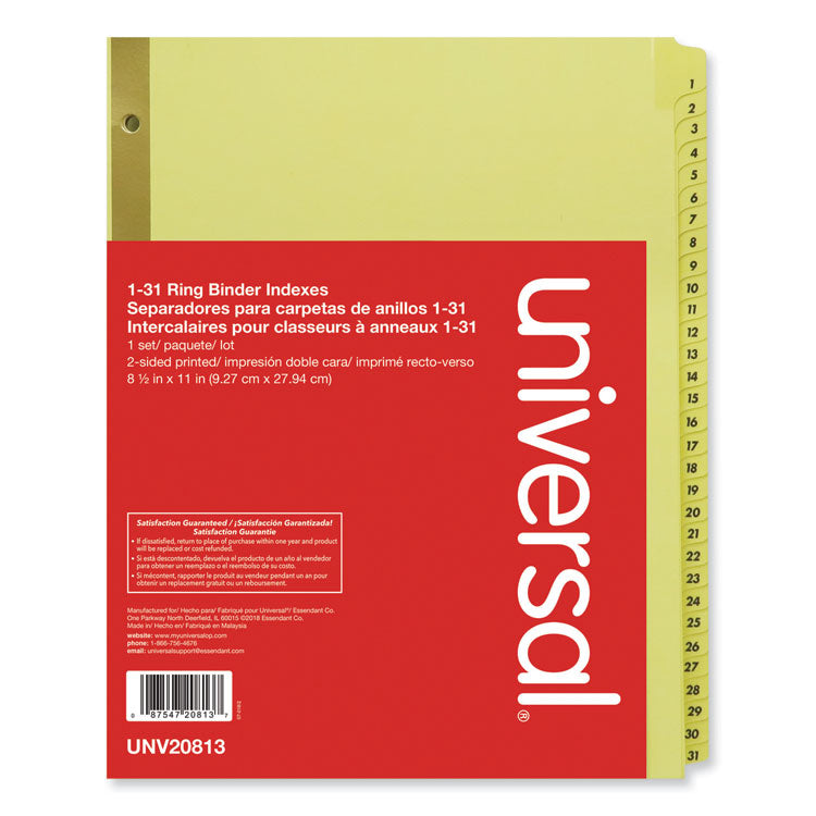 Universal - Deluxe Preprinted Plastic Coated Tab Dividers with Black Printing, 31-Tab, 1 to 31, 11 x 8.5, Buff, 1 Set