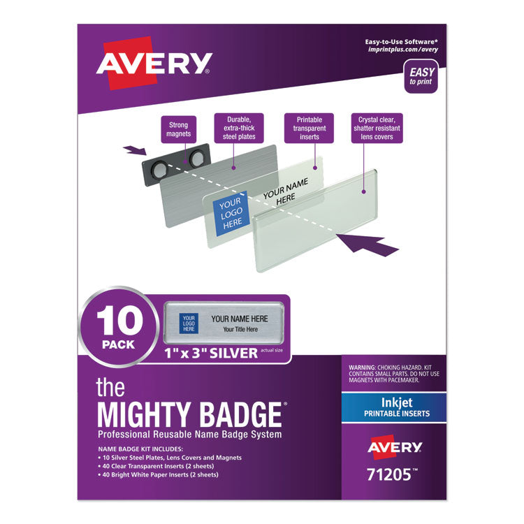 Avery - The Mighty Badge Name Badge Holder Kit, Horizontal, 3 x 1, Inkjet, Silver, 10 Holders/ 80 Inserts