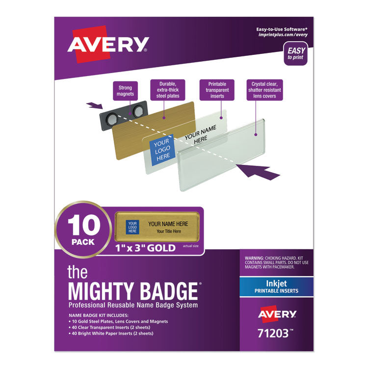 Avery - The Mighty Badge Name Badge Holder Kit, Horizontal, 3 x 1, Inkjet, Gold, 10 Holders/ 80 Inserts