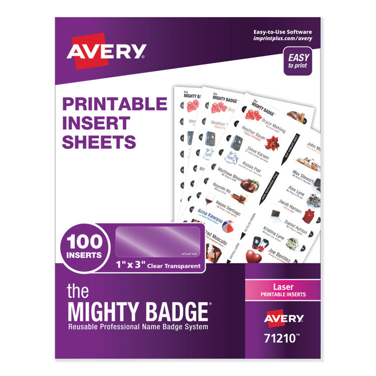 Avery - The Mighty Badge Name Badge Inserts, 1 x 3, Clear, Laser, 20/Sheet, 5 Sheets/Pack