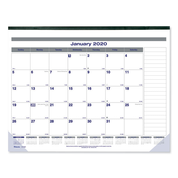 Blueline - Net Zero Carbon Monthly Desk Pad Calendar, 22 x 17, White/Gray/Blue Sheets, Black Binding, 12-Month (Jan to Dec): 2024