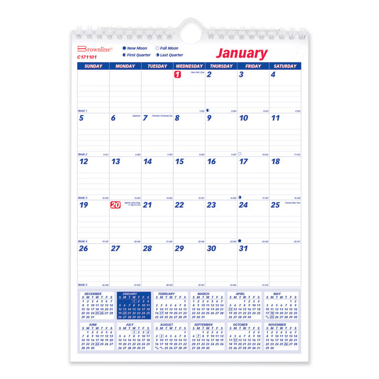 Brownline - Twin-Wirebound Wall Calendar, One Month per Page, 8 x 11, White Sheets, 12-Month (Jan to Dec): 2024