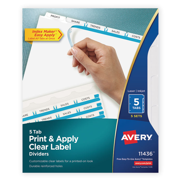 Avery - Print and Apply Index Maker Clear Label Dividers, 5 White Tabs, Letter, 5 Sets (6109342)