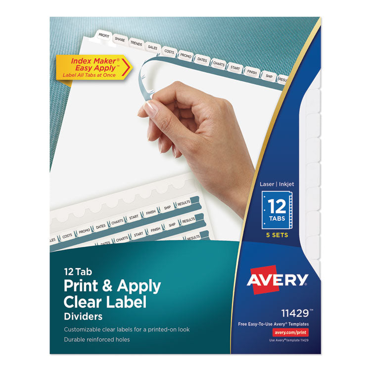 Avery - Print and Apply Index Maker Clear Label Dividers, 12 White Tabs, Letter, 5 Sets