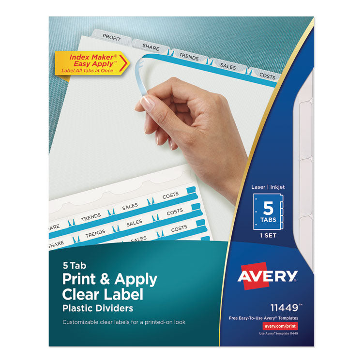 Avery - Print and Apply Index Maker Clear Label Plastic Dividers with Printable Label Strip, 5-Tab, 11 x 8.5, Translucent, 1 Set (4782769)