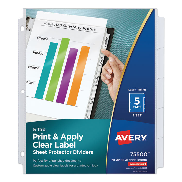 Avery - Print and Apply Index Maker Clear Label Sheet Protector Dividers with White Tabs, 5-Tab, 11 x 8.5, White, 1 Set