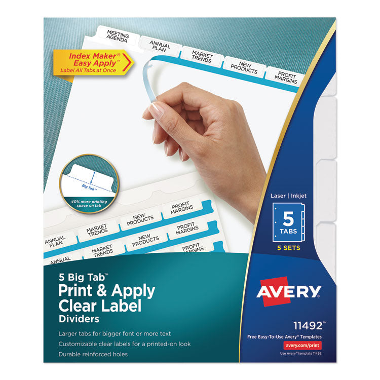 Avery - Print and Apply Index Maker Clear Label Dividers, 5 White Tabs, Letter, 5 Sets (9168980)