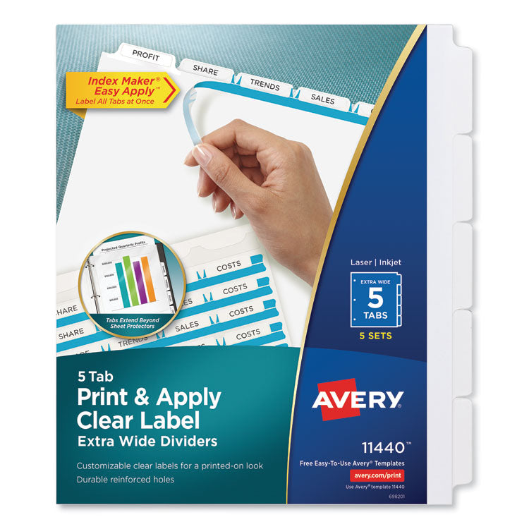 Avery - Print and Apply Index Maker Clear Label Dividers, 5 White Tabs, Letter, 5 Sets (9859547)