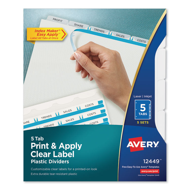 Avery - Print and Apply Index Maker Clear Label Plastic Dividers with Printable Label Strip, 5-Tab, 11 x 8.5, Translucent, 5 Sets (9813924)