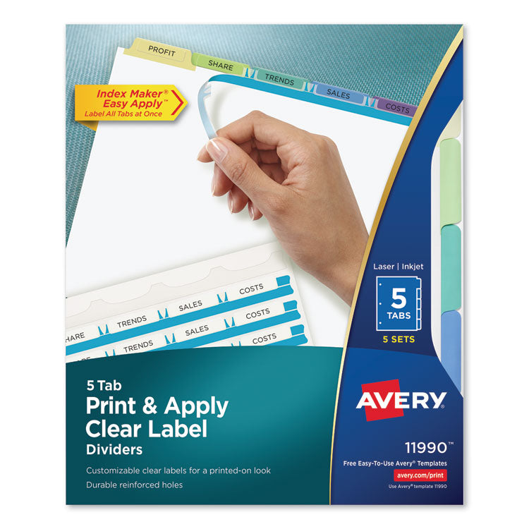 Avery - Print and Apply Index Maker Clear Label Dividers, 5 Color Tabs, Letter, 5 Sets (9566407)