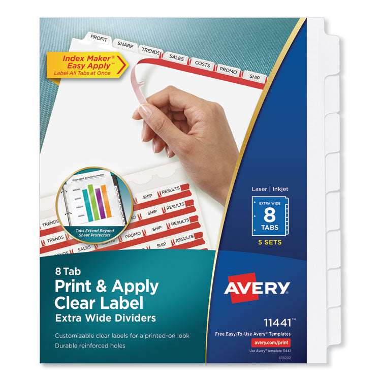 Avery - Print and Apply Index Maker Clear Label Dividers, 8 White Tabs, Letter, 5 Sets (9859539)