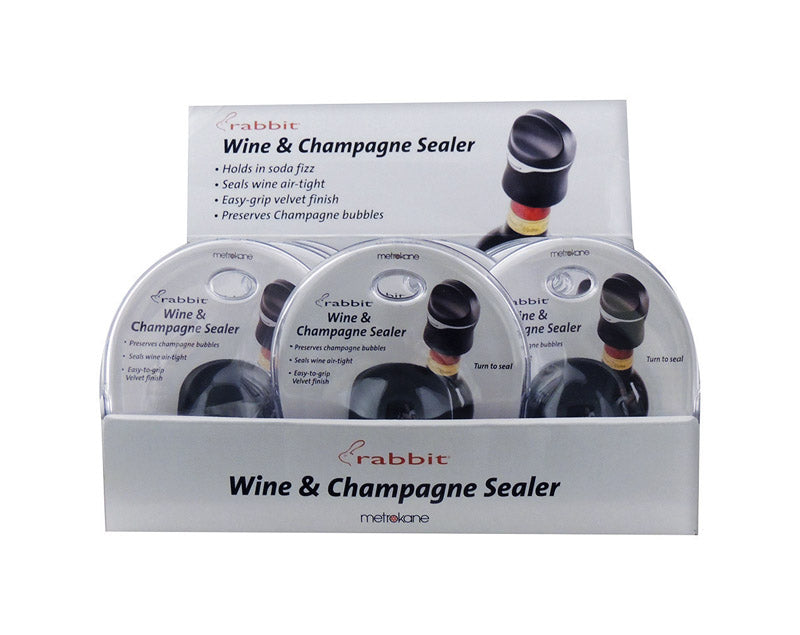 RABBIT - Rabbit Black Rubber/Stainless Steel Wine and Champagne Sealer - Case of 12