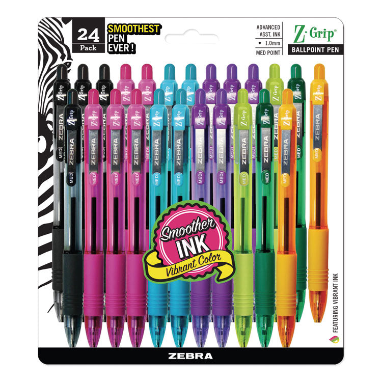 Zebra - Z-Grip Ballpoint Pen, Retractable, Medium 1 mm, Assorted Artistic Ink and Barrel Colors, 24/Pack