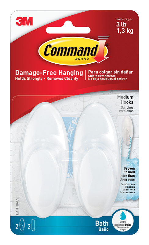 COMMAND - 3M Command Medium Plastic Bath Hook 3.375 in. L 2 pk