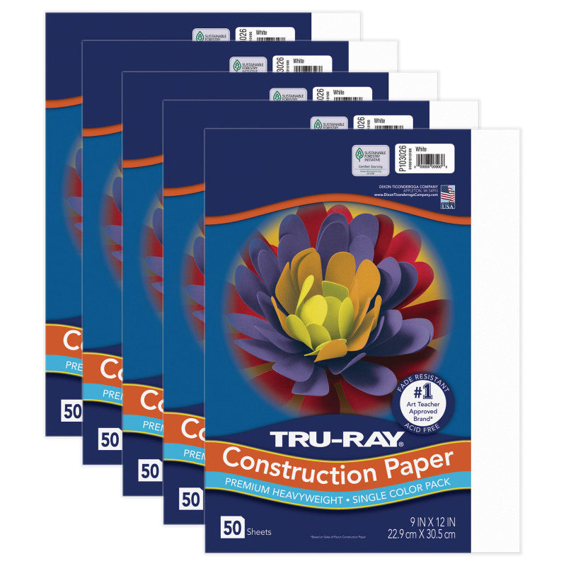 TRU-RAY - Construction Paper, White, 9" x 12", 50 Sheets Per Pack, 5 Packs