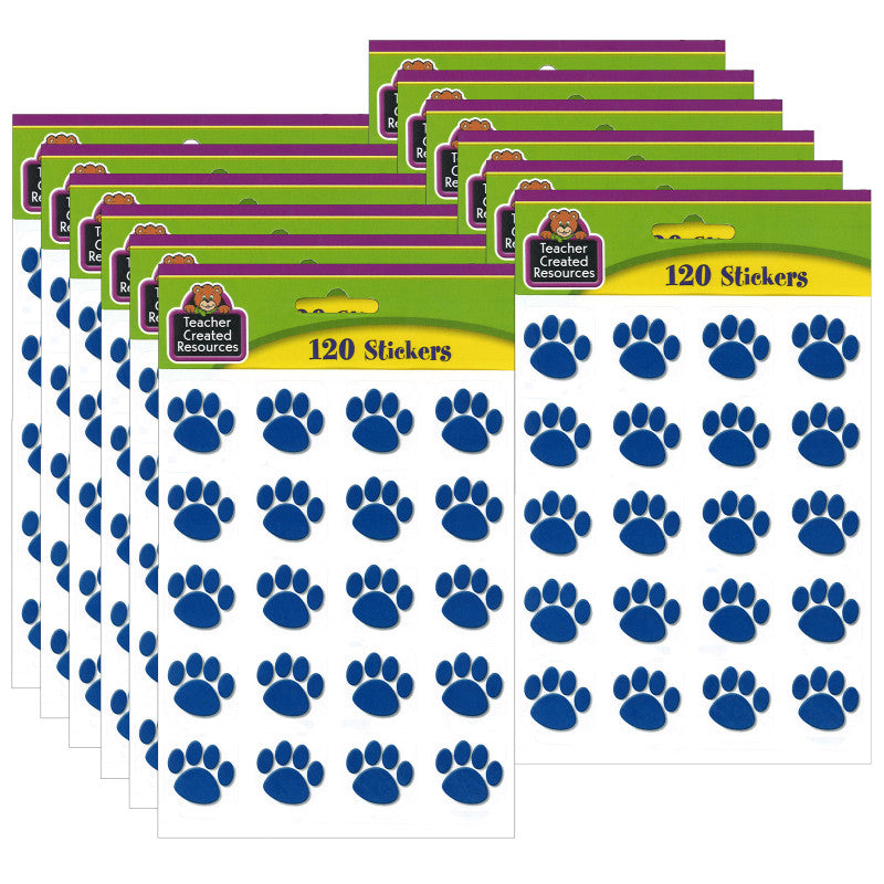 TEACHER CREATED RESOURCES - Blue Paw Prints Stickers, 1" Square, 120 Per Pack, 12 Packs