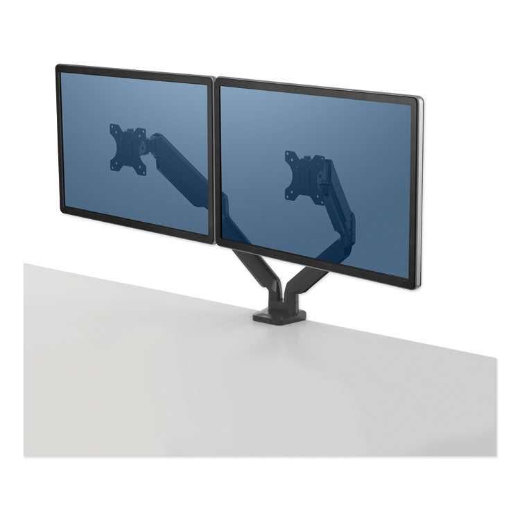 Fellowes - Platinum Series Dual Monitor Arm for 27" Monitors, 360 deg Rotation, +85 deg/-20 deg Tilt, 360 deg Pan, Black, Supports 20 lb