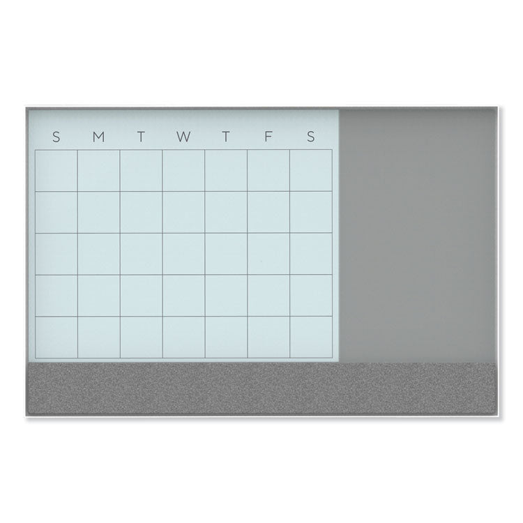 U Brands - 3N1 Magnetic Glass Dry Erase Combo Board, 35 x 23, Month View, Gray/White Surface, White Aluminum Frame