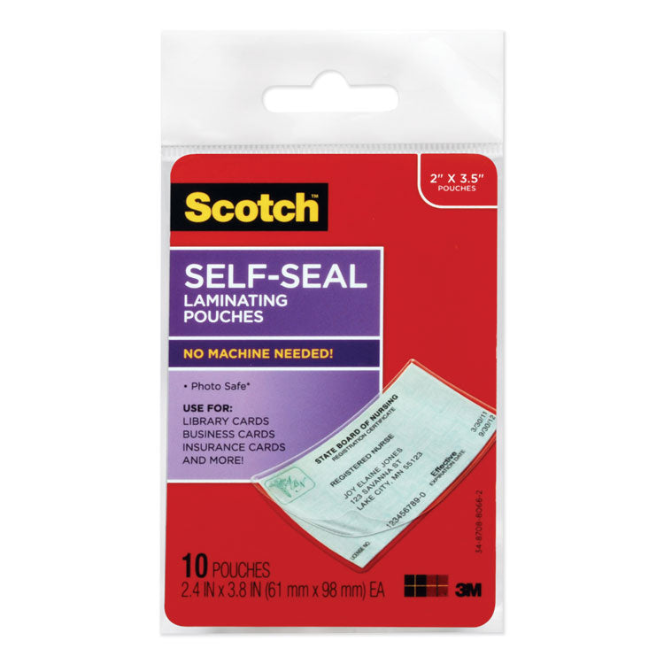 Scotch - Self-Sealing Laminating Pouches, 9 mil, 3.8" x 2.4", Gloss Clear, 10/Pack