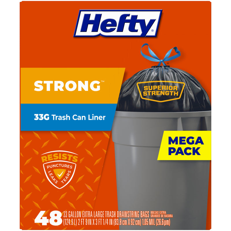 HEFTY - Hefty Extra Strong 33 gal Trash Can Liners Drawstring 48 pk 1.05 mil - Case of 3