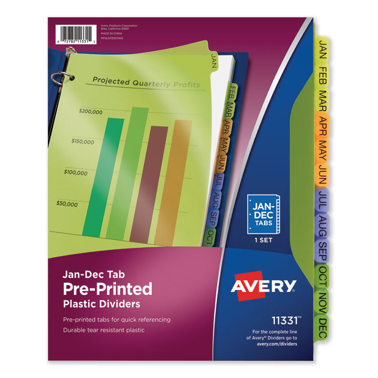 Avery - Durable Preprinted Plastic Tab Dividers, 12-Tab, Jan. to Dec., 11 x 8.5, Assorted, 1 Set