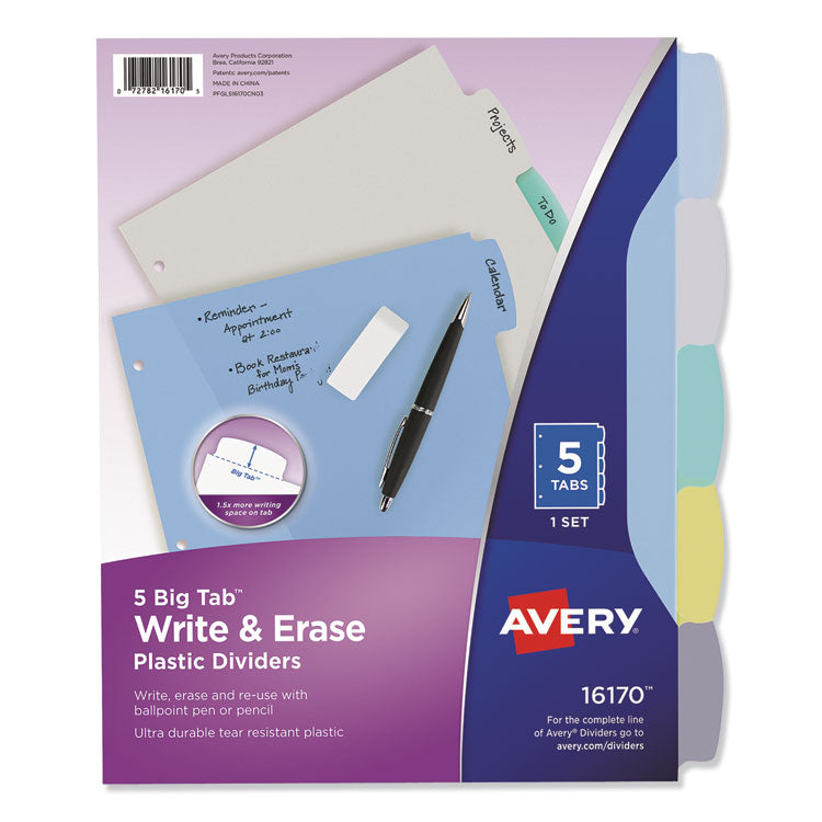 Avery - Write and Erase Big Tab Durable Plastic Dividers, 3-Hold Punched, 5-Tab, 11 x 8.5, Assorted, 1 Set (9528340)