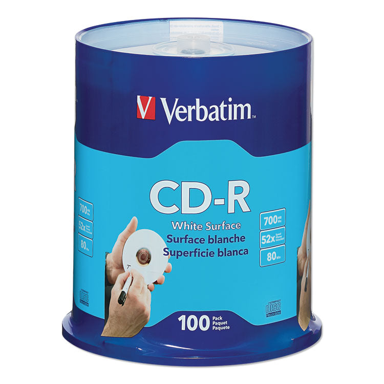 Verbatim - CD-R Recordable Disc, 700 MB/80 min, 52x, Spindle, White, 100/Pack