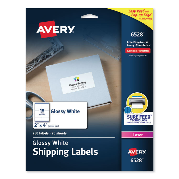 Avery - Glossy White Easy Peel Mailing Labels w/ Sure Feed Technology, Laser Printers, 2 x 4, White, 10/Sheet, 25 Sheets/Pack