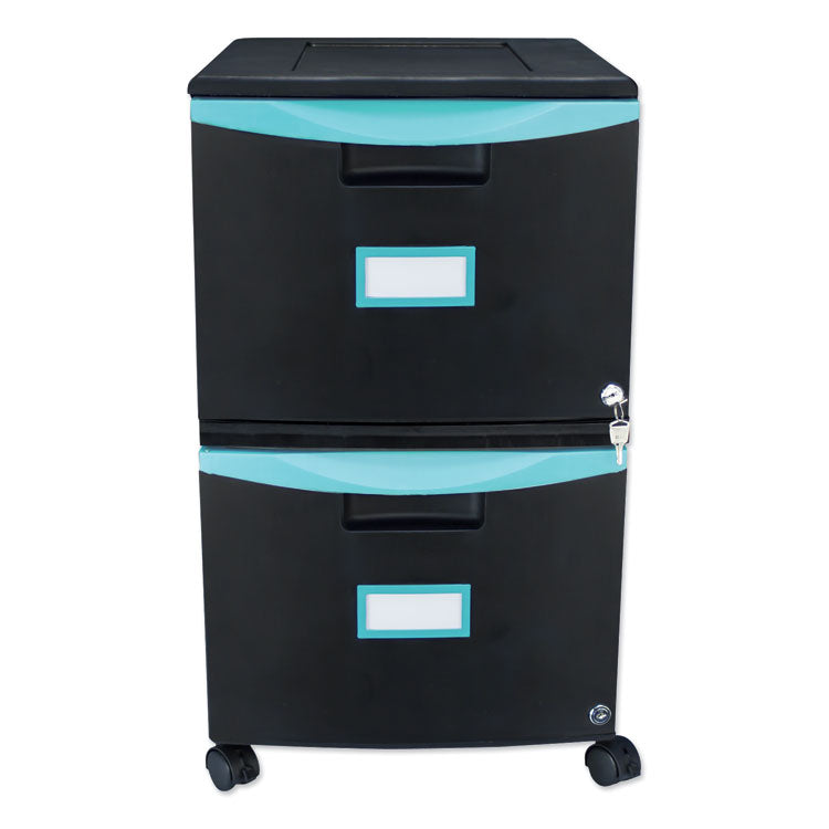 Storex - Two-Drawer Mobile Filing Cabinet, 2 Legal/Letter-Size File Drawers, Black/Teal, 14.75" x 18.25" x 26"